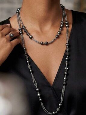 Beautiful Double Stand Pearl Crystal Long‎ Necklace